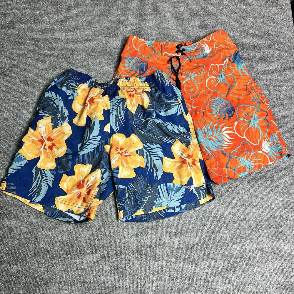 Speedo Swim Trunks Lot (2) Boy's M Blue Orange Tropical Print